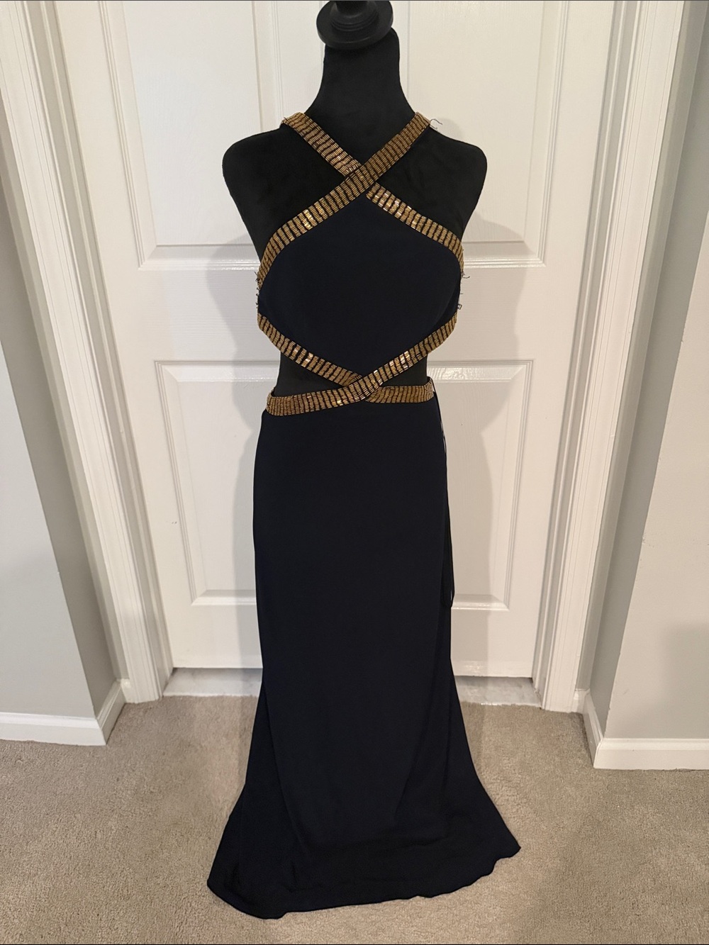Joanna Chen Formal Dress with Gold Trim and Crisscross Straps